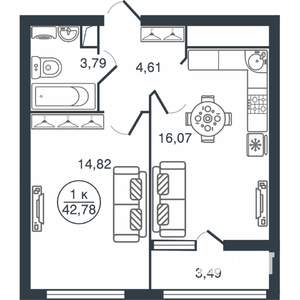 1-к квартира, вторичка, 43м2, 12/16 этаж