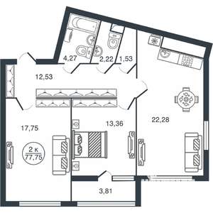 2-к квартира, вторичка, 78м2, 13/16 этаж