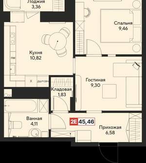 2-к квартира, сданный дом, 45м2, 11/22 этаж