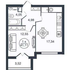 1-к квартира, вторичка, 41м2, 13/15 этаж