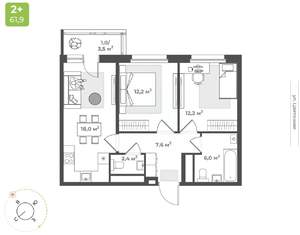 2-к квартира, вторичка, 59м2, 7/10 этаж