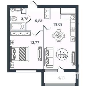 1-к квартира, вторичка, 47м2, 7/16 этаж