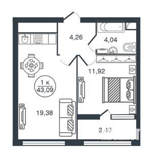 1-к квартира, вторичка, 43м2, 14/16 этаж
