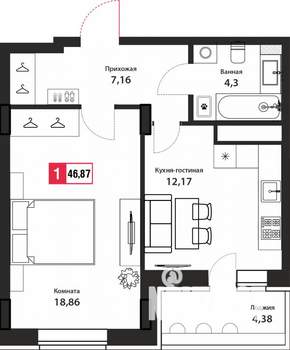 1-к квартира, вторичка, 47м2, 12/24 этаж
