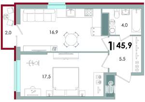 1-к квартира, вторичка, 46м2, 13/16 этаж