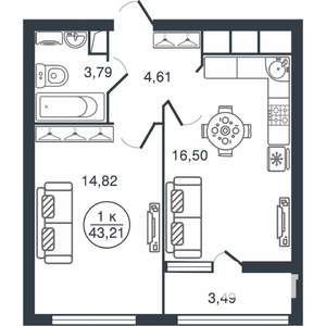 1-к квартира, вторичка, 43м2, 8/16 этаж
