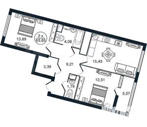 2-к квартира, вторичка, 64м2, 12/15 этаж