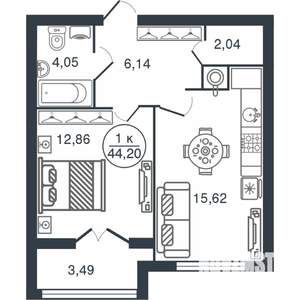 1-к квартира, вторичка, 44м2, 3/15 этаж