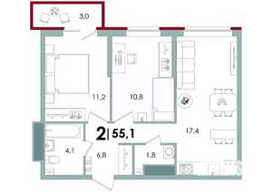 2-к квартира, вторичка, 55м2, 13/15 этаж