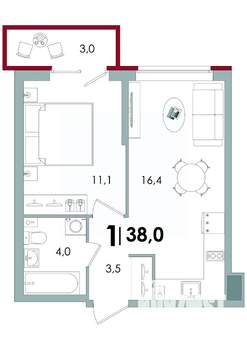 1-к квартира, вторичка, 38м2, 1/15 этаж