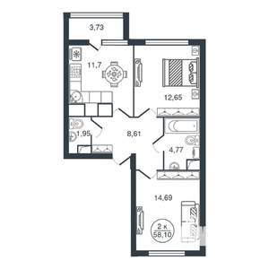 2-к квартира, вторичка, 58м2, 3/16 этаж