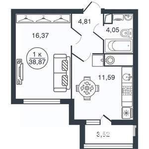 1-к квартира, вторичка, 39м2, 13/15 этаж