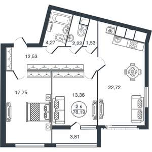 2-к квартира, вторичка, 78м2, 2/16 этаж