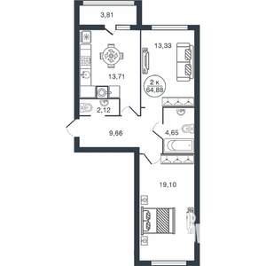 2-к квартира, вторичка, 65м2, 9/15 этаж