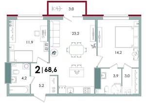 2-к квартира, вторичка, 69м2, 8/15 этаж