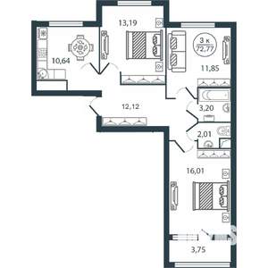 3-к квартира, вторичка, 73м2, 1/12 этаж