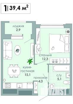 1-к квартира, вторичка, 39м2, 9/12 этаж