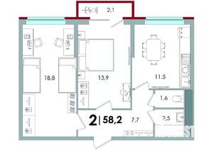 2-к квартира, вторичка, 58м2, 2/16 этаж