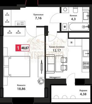 1-к квартира, сданный дом, 47м2, 12/22 этаж