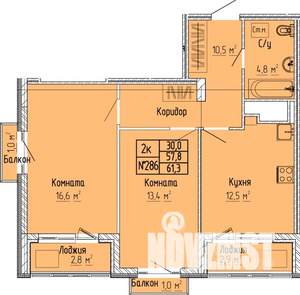 2-к квартира, сданный дом, 61м2, 10/10 этаж