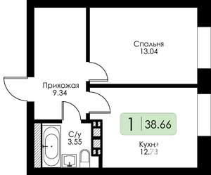 1-к квартира, строящийся дом, 39м2, 2/4 этаж