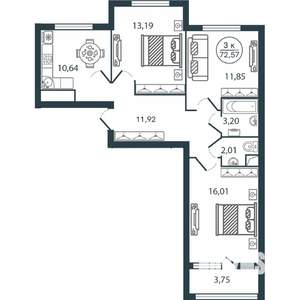 3-к квартира, вторичка, 73м2, 12/12 этаж