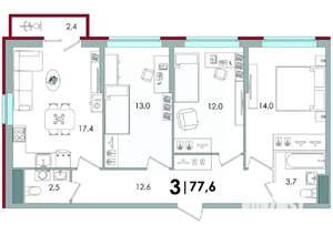 3-к квартира, вторичка, 78м2, 4/16 этаж
