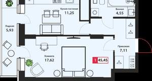 1-к квартира, сданный дом, 45м2, 24/22 этаж