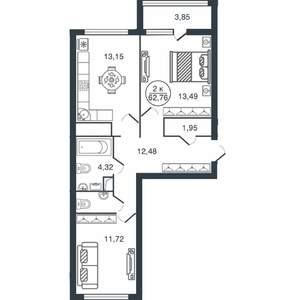 2-к квартира, вторичка, 63м2, 8/16 этаж