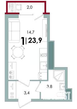 1-к квартира, строящийся дом, 24м2, 2/16 этаж