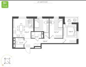 3-к квартира, вторичка, 73м2, 9/15 этаж