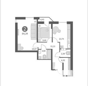 2-к квартира, вторичка, 66м2, 6/17 этаж