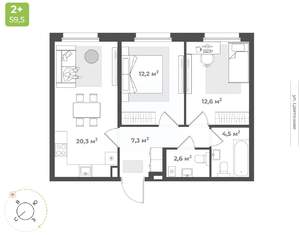 2-к квартира, вторичка, 60м2, 1/10 этаж