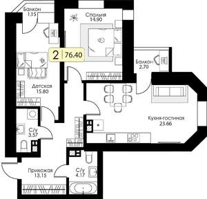 3-к квартира, строящийся дом, 76м2, 12/17 этаж