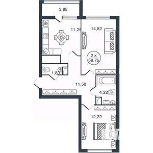 2-к квартира, вторичка, 60м2, 9/16 этаж