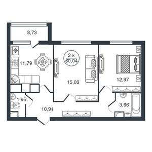 2-к квартира, вторичка, 60м2, 6/16 этаж