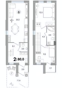 2-к квартира, вторичка, 79м2, 1/2 этаж