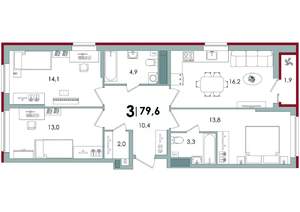 3-к квартира, вторичка, 80м2, 10/15 этаж