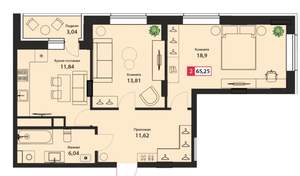 2-к квартира, сданный дом, 65м2, 16/22 этаж