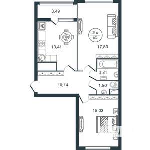 2-к квартира, вторичка, 65м2, 6/12 этаж
