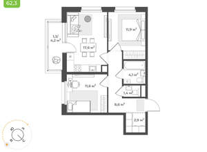 2-к квартира, вторичка, 59м2, 4/17 этаж