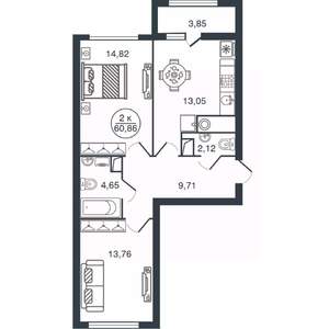 2-к квартира, вторичка, 61м2, 13/15 этаж