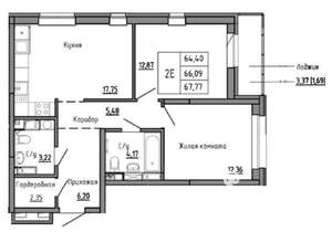 2-к квартира, вторичка, 64м2, 2/25 этаж