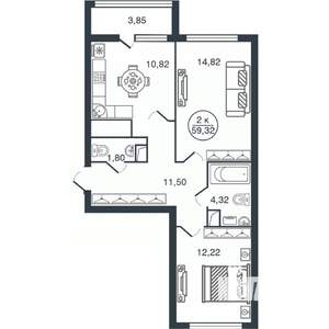 2-к квартира, вторичка, 59м2, 13/16 этаж
