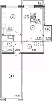 2-к квартира, сданный дом, 58м2, 8/18 этаж