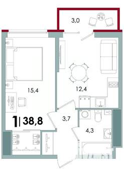 1-к квартира, вторичка, 39м2, 7/15 этаж