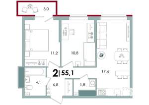 2-к квартира, вторичка, 55м2, 11/15 этаж