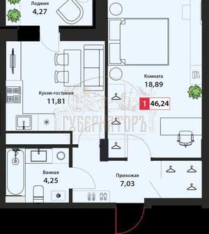 1-к квартира, сданный дом, 46м2, 17/22 этаж