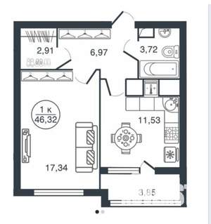 1-к квартира, вторичка, 43м2, 10/16 этаж