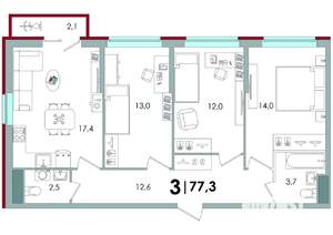 3-к квартира, вторичка, 77м2, 2/16 этаж